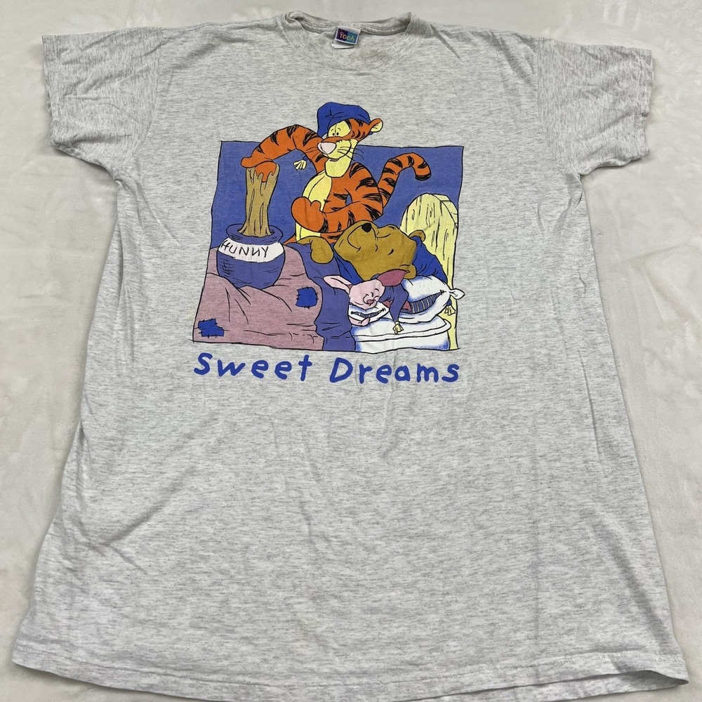 Disney Pooh Nightshirt Unisex OS Grey Sweet Dreams Tigger Piglet Vintage 90s